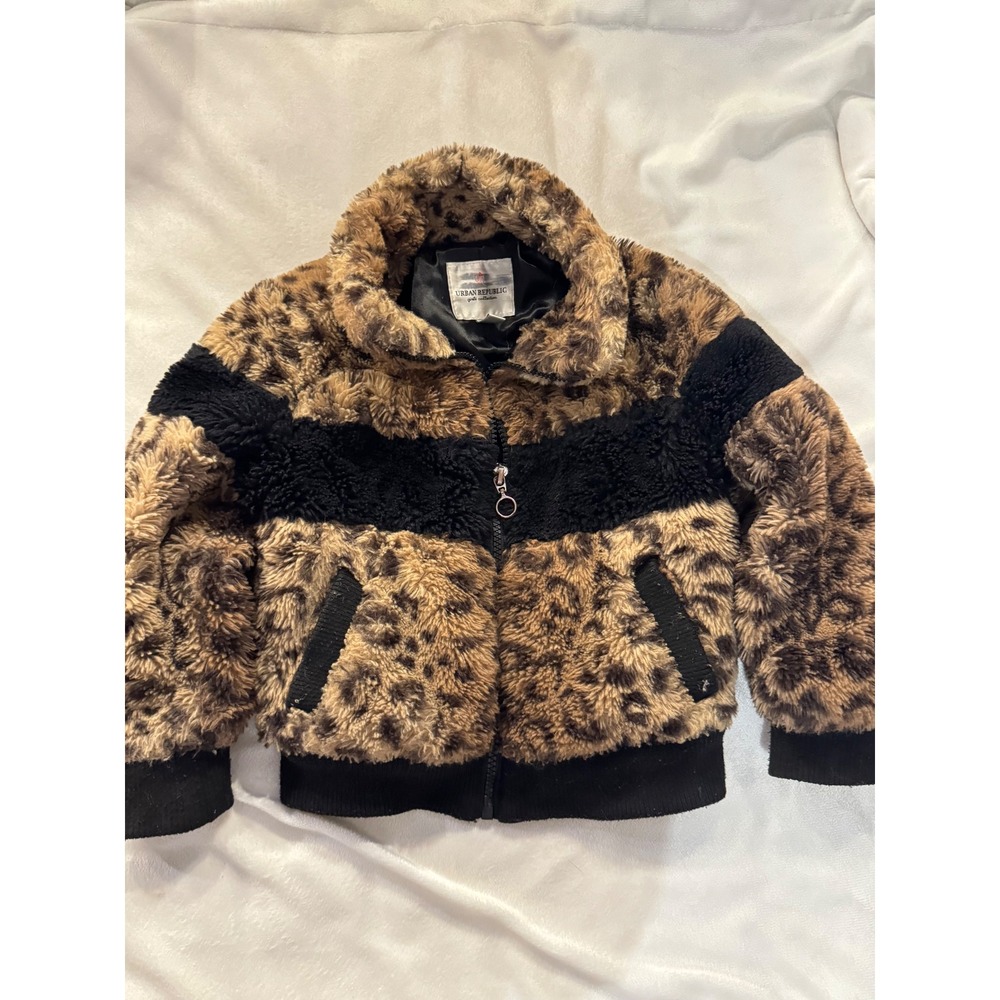 Urban Republic Girls 4T Leopard Print Faux Fur Bomber Jacket Brown Black Zip Up